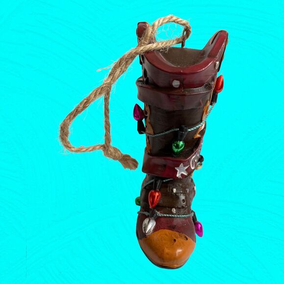 Country At Heart Cowboy Boot Christmas Ornament Ceramic Decorated W/ Tiny Lights - Picture 2 of 7